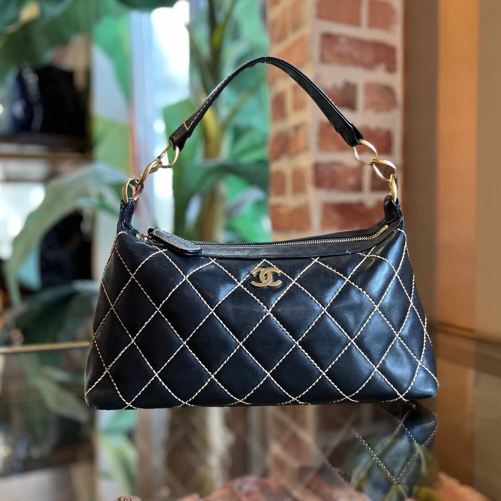 CHANEL Small Black Surpique Wild Stitch Lambskin Hobo